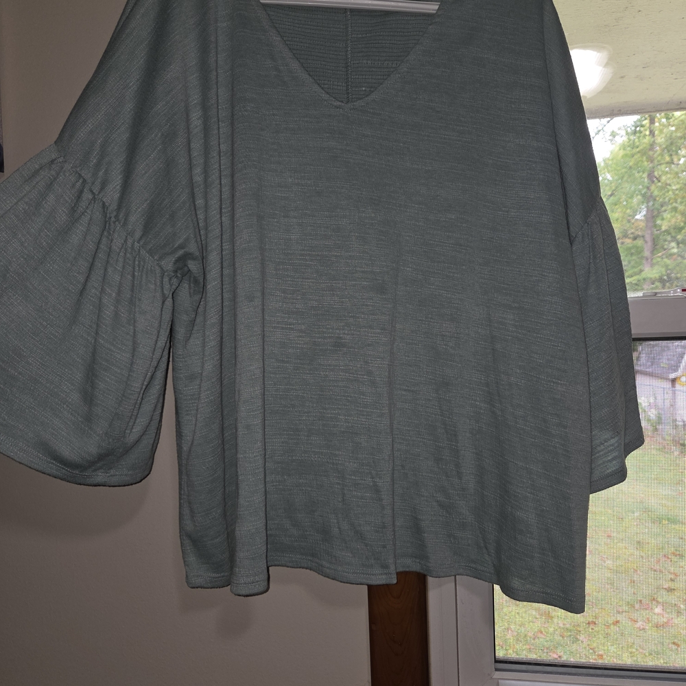 Time and Tru Teal Blouse with Flared Sleeves